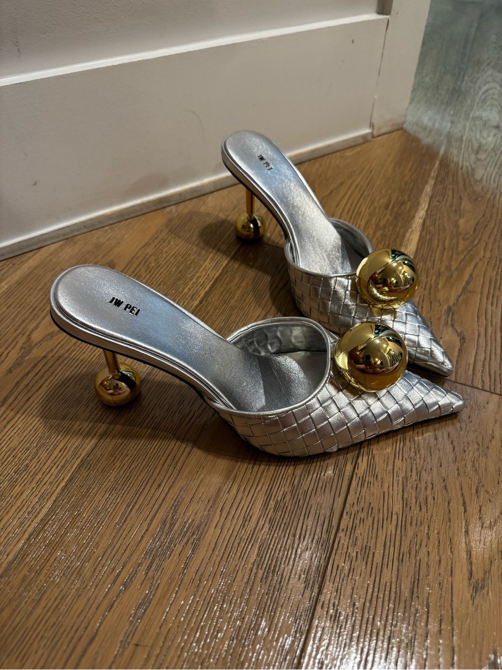 JW PEI Silver Woven Pointed Mule with Gold Orb Heel - Picture 3 of 4